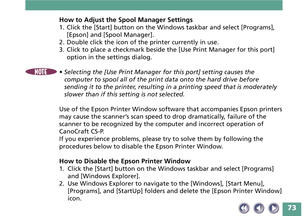 Canon FB330P/FB630P manual How to Adjust the Spool Manager Settings, How to Disable the Epson Printer Window 