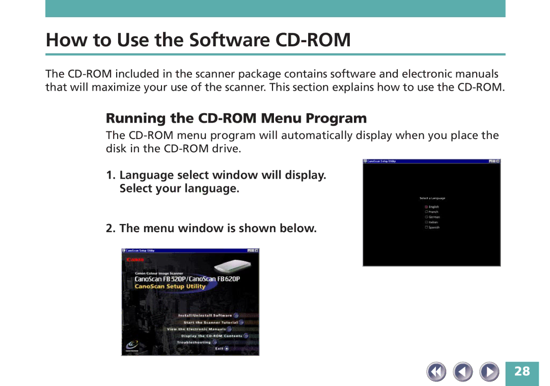 Canon FB620P, FB320P manual How to Use the Software CD-ROM, Running the CD-ROM Menu Program 