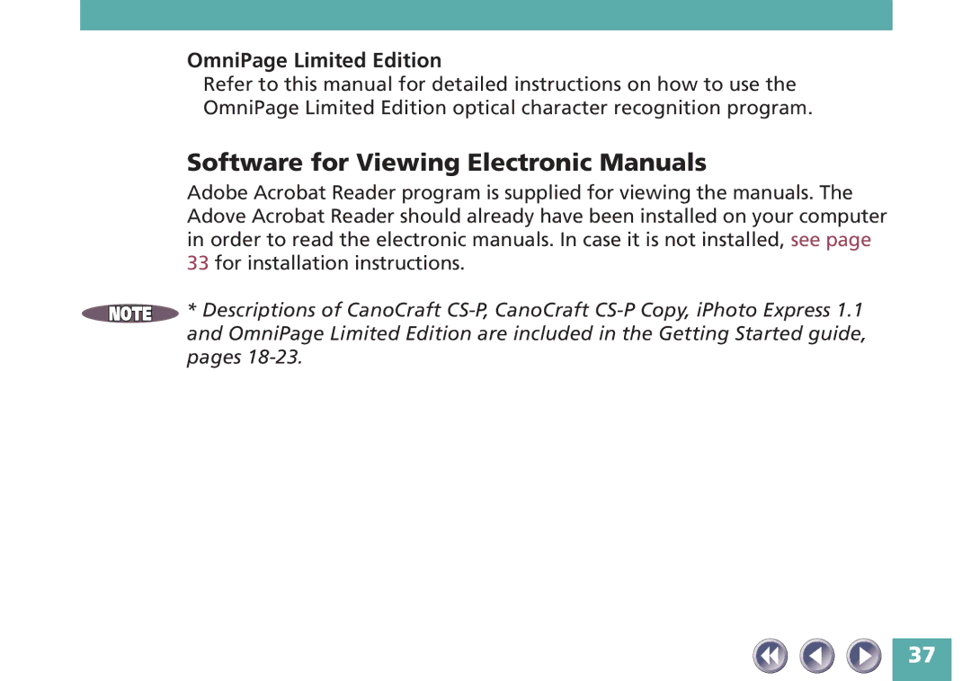 Canon FB320P, FB620P manual Software for Viewing Electronic Manuals, OmniPage Limited Edition 