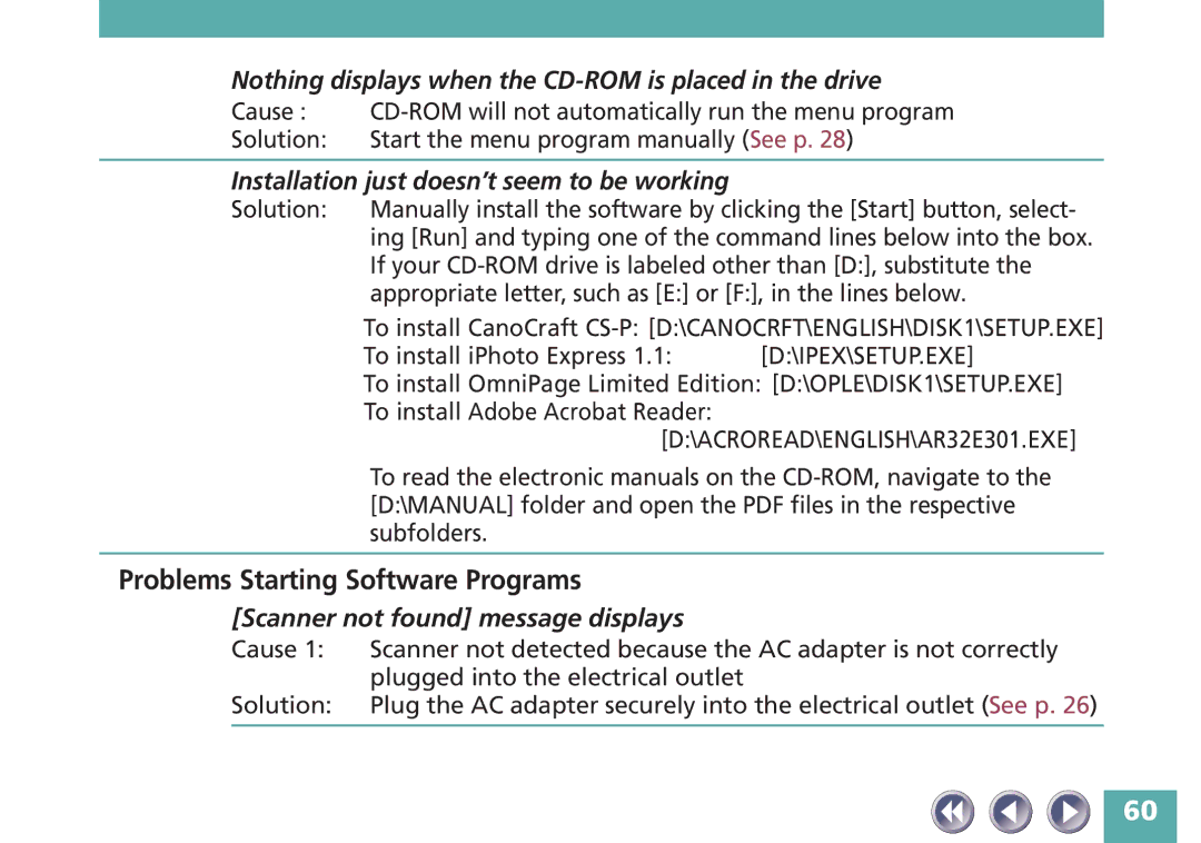 Canon FB620P, FB320P manual Problems Starting Software Programs, Nothing displays when the CD-ROM is placed in the drive 