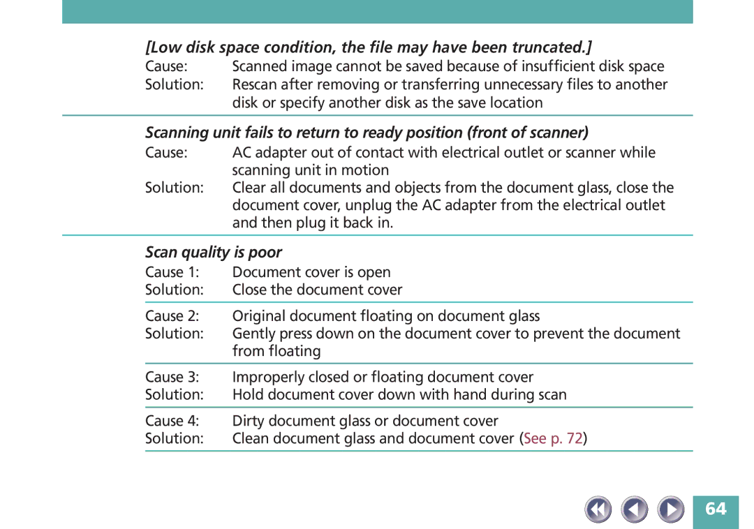 Canon FB620P, FB320P manual Low disk space condition, the file may have been truncated, Scan quality is poor 