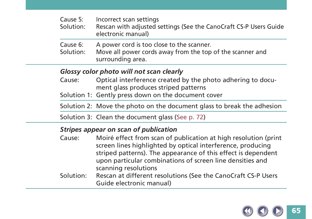 Canon FB320P, FB620P manual Glossy color photo will not scan clearly, Stripes appear on scan of publication 