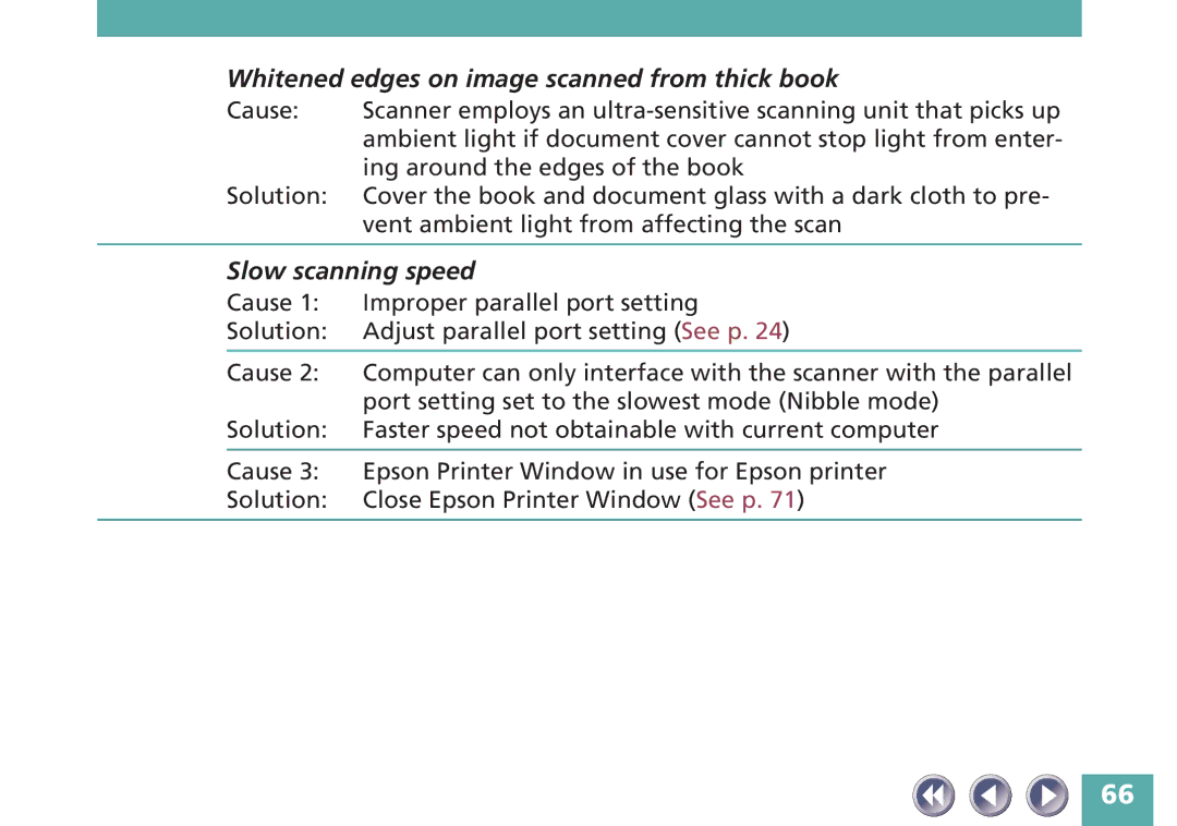 Canon FB620P, FB320P manual Whitened edges on image scanned from thick book, Slow scanning speed 