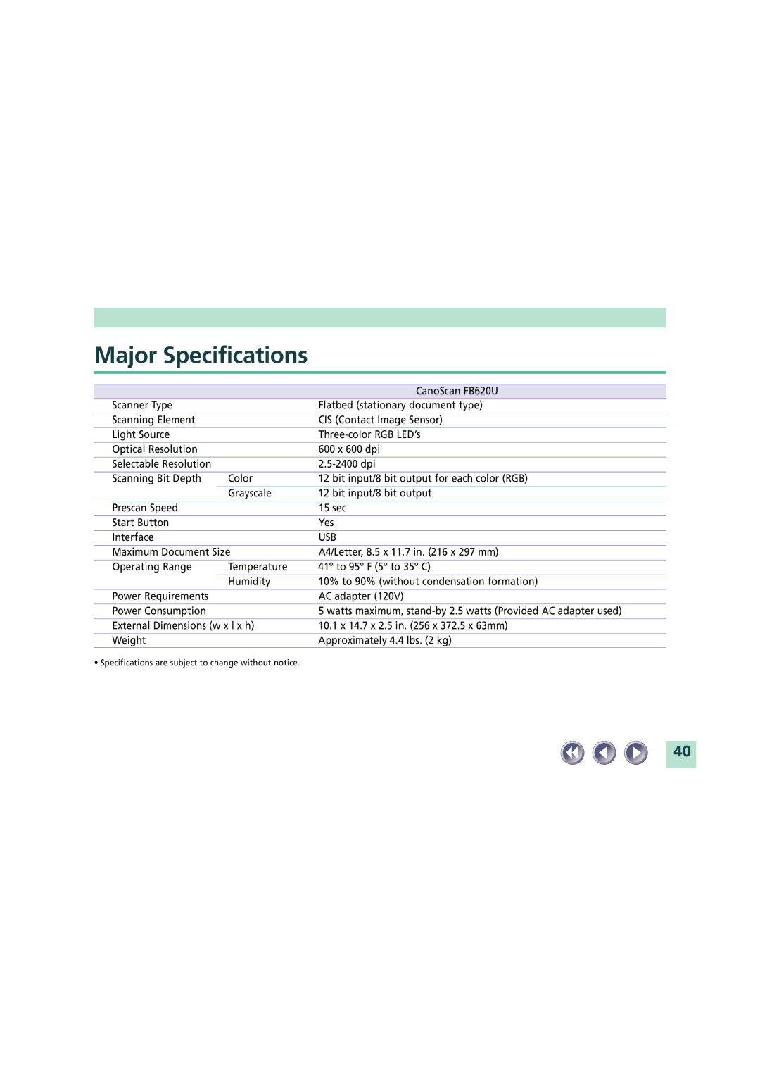 Canon FB620U manual Major Specifications, Usb 