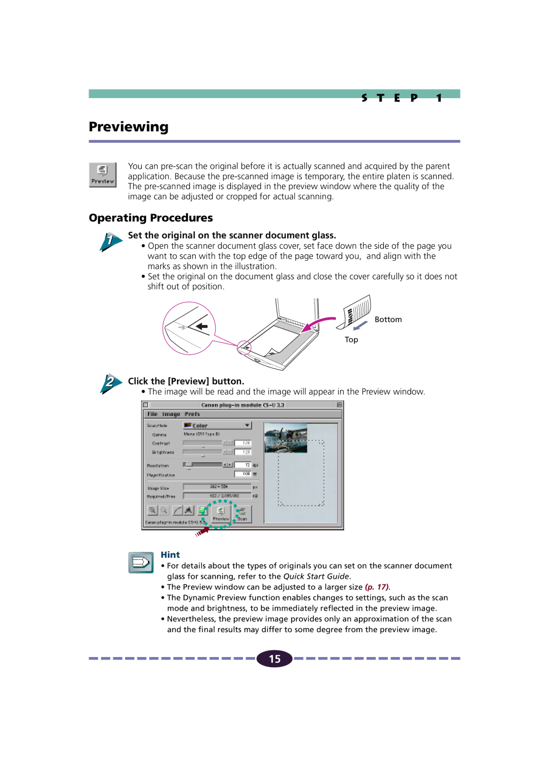 Canon FB630U/FB636U manual Previewing, Set the original on the scanner document glass, Click the Preview button 