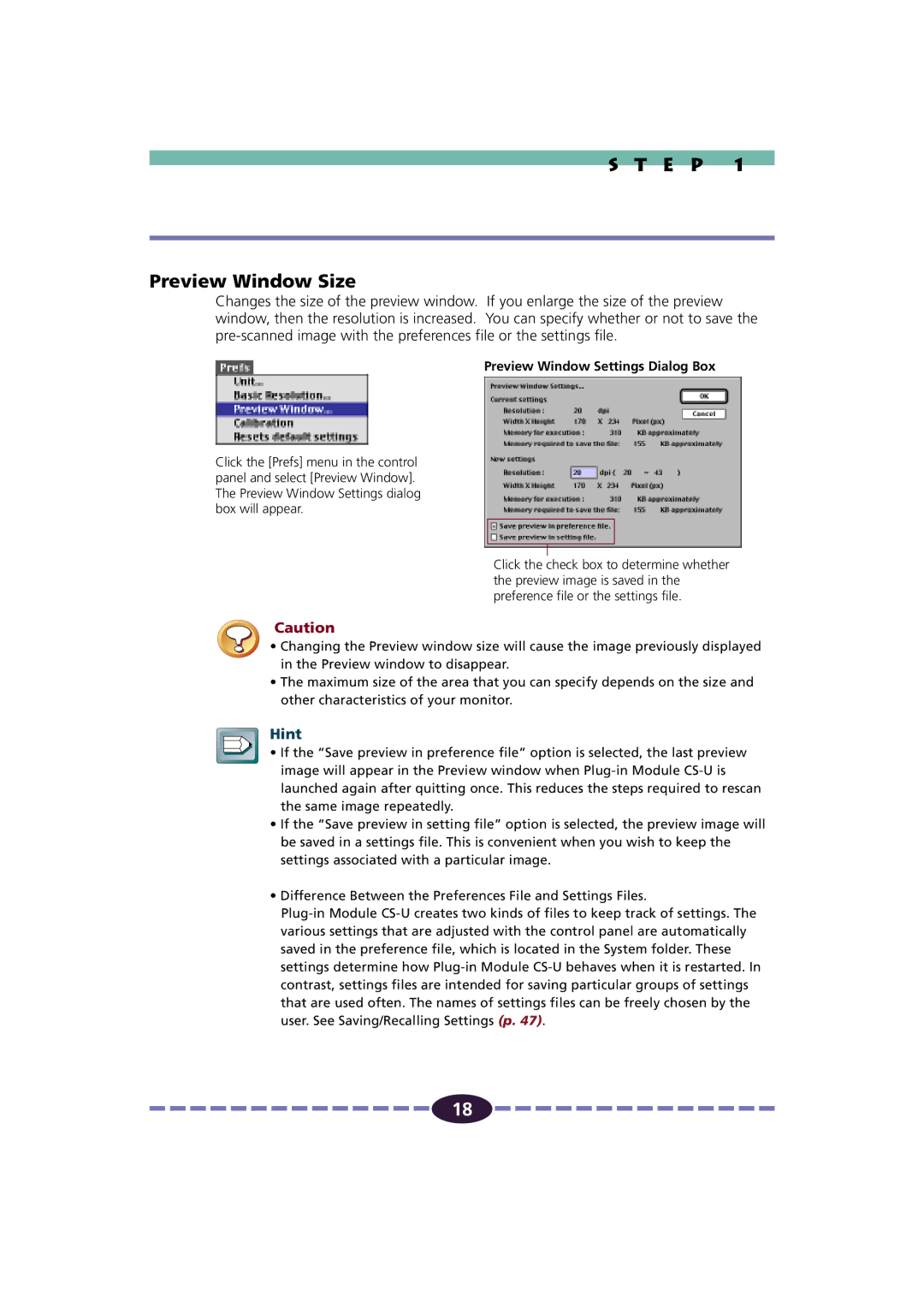 Canon FB630U/FB636U manual E P Preview Window Size, Preview Window Settings Dialog Box 