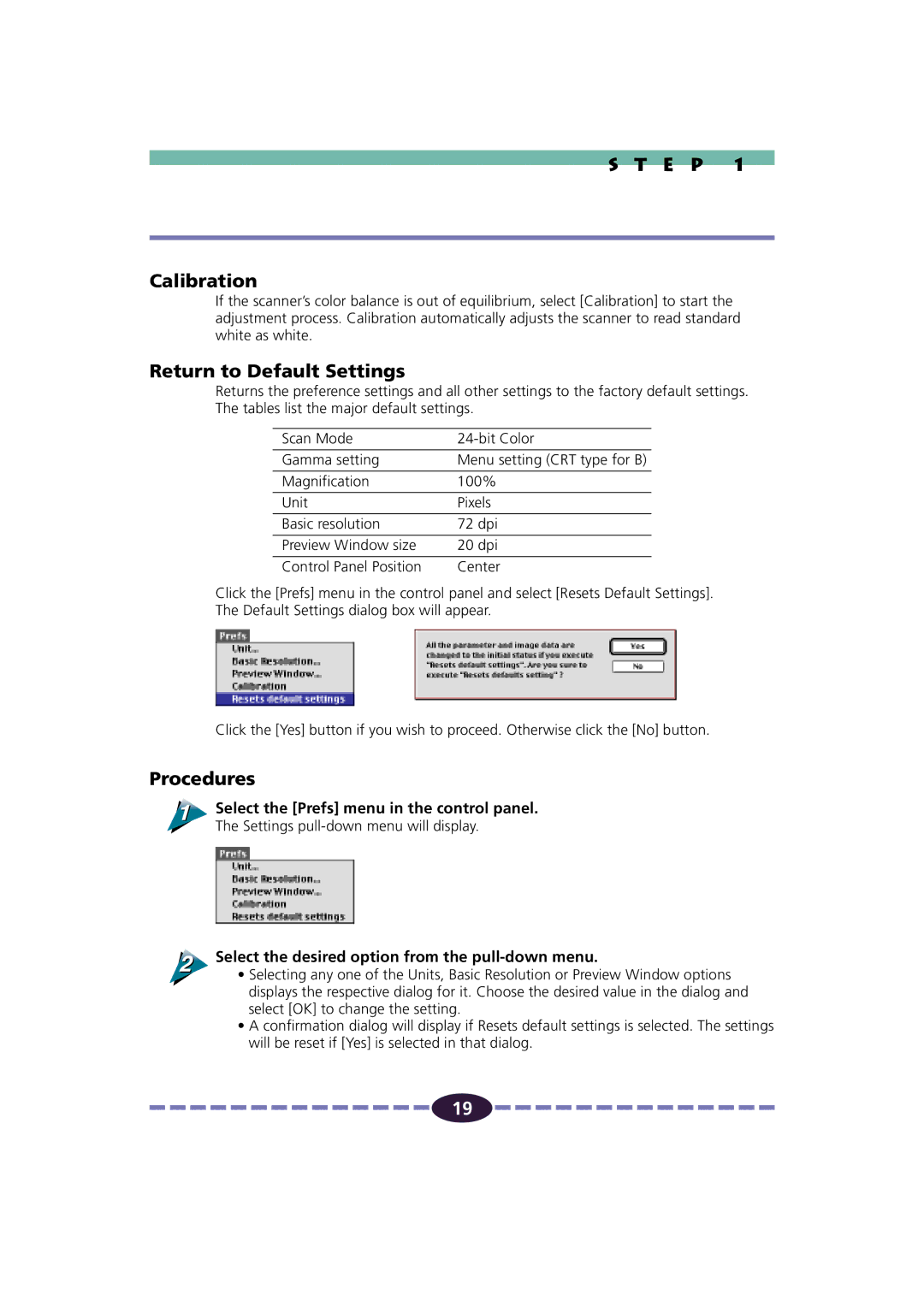 Canon FB630U/FB636U E P Calibration, Return to Default Settings, Procedures, Select the Prefs menu in the control panel 