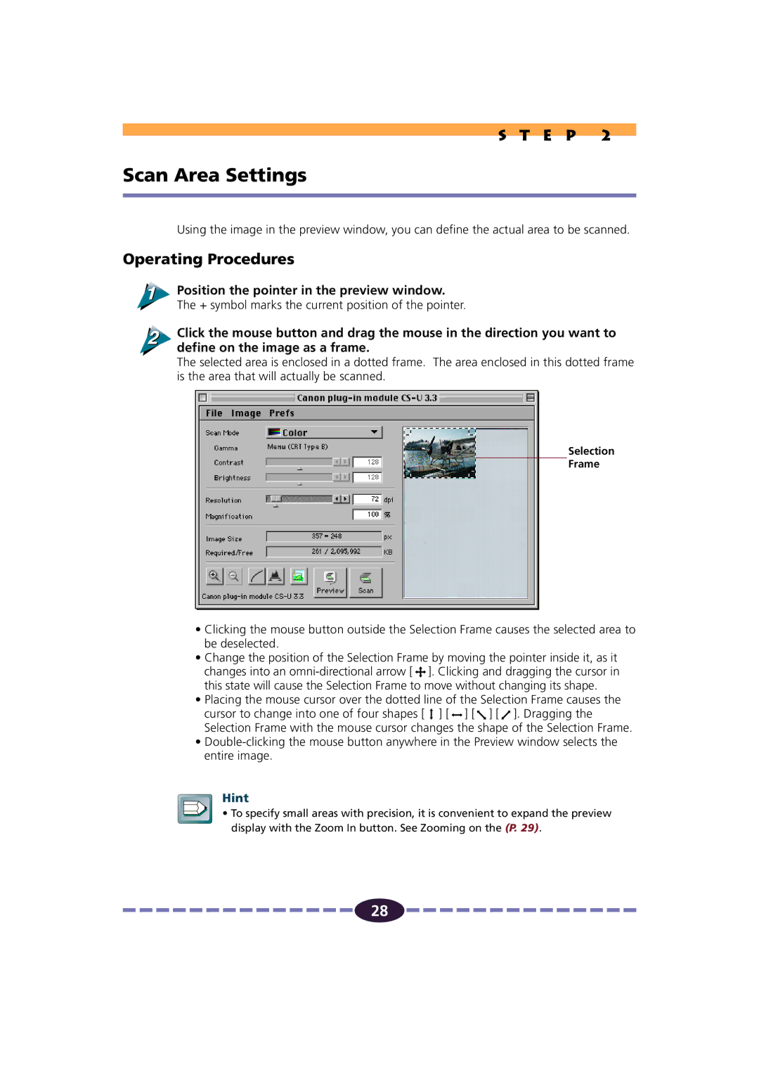 Canon FB630U/FB636U manual Scan Area Settings, Position the pointer in the preview window 