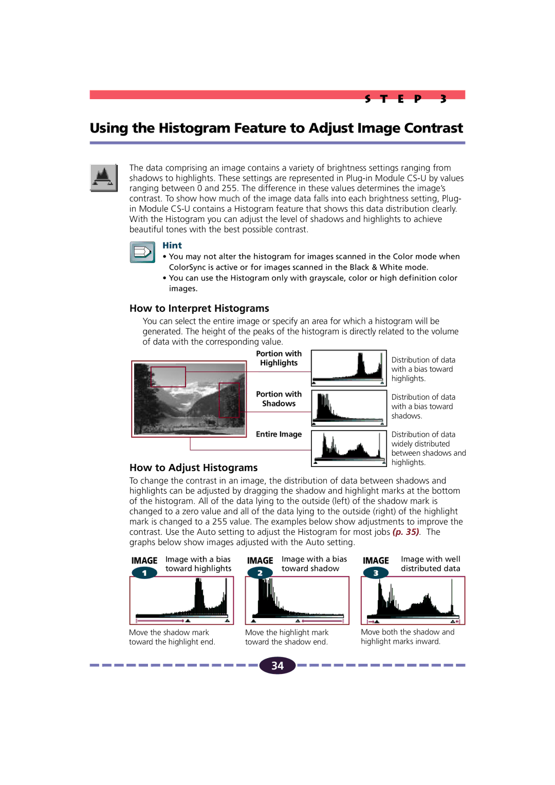 Canon FB630U/FB636U manual Using the Histogram Feature to Adjust Image Contrast, How to Interpret Histograms 