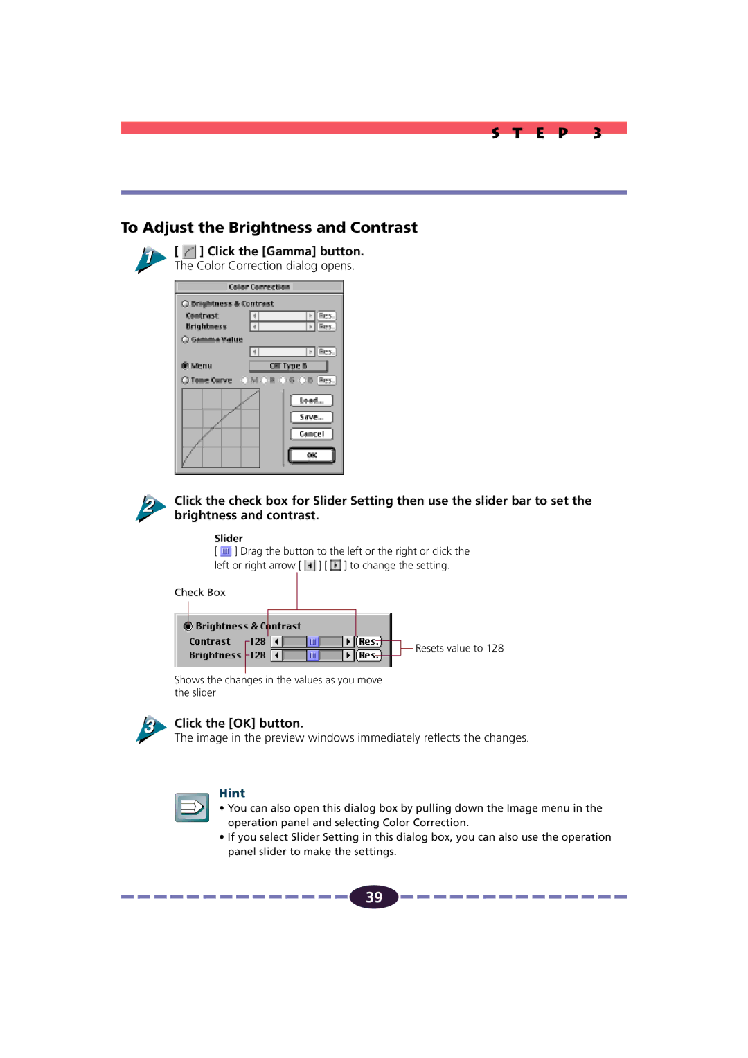 Canon FB630U/FB636U manual E P To Adjust the Brightness and Contrast, Click the Gamma button 