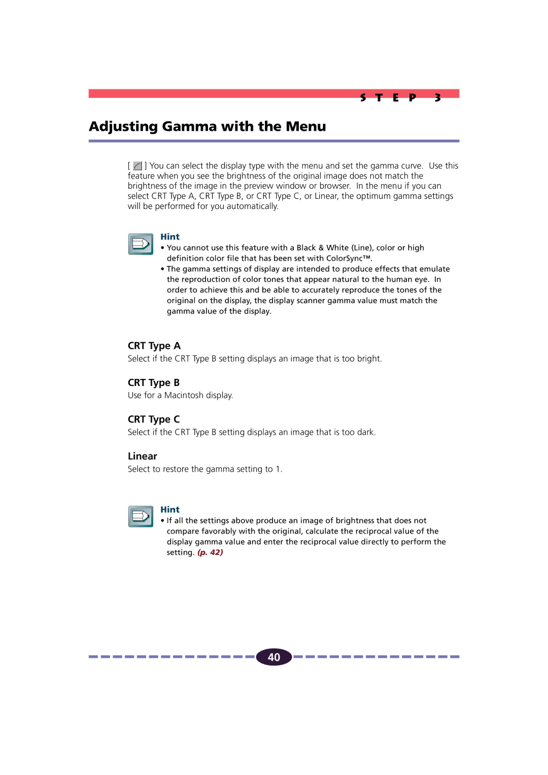 Canon FB630U/FB636U manual Adjusting Gamma with the Menu, CRT Type a, CRT Type B, CRT Type C, Linear 