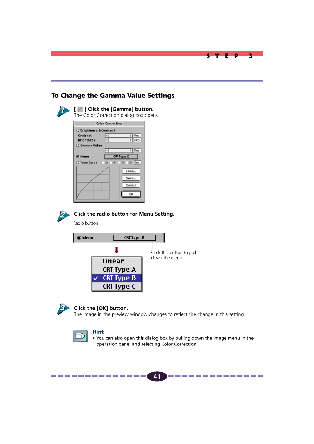 Canon FB630U/FB636U manual E P To Change the Gamma Value Settings, Click the radio button for Menu Setting 