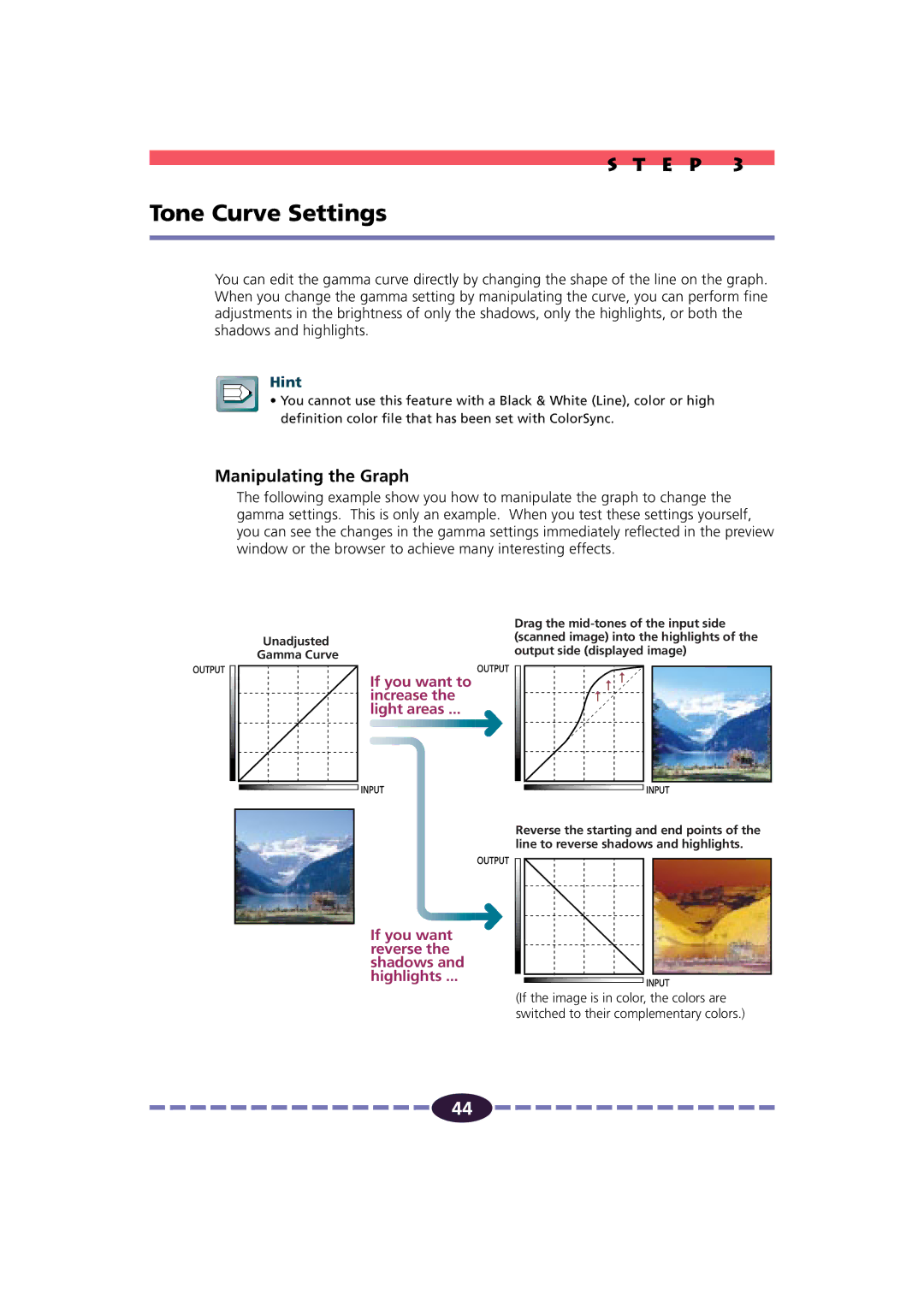 Canon FB630U/FB636U manual Tone Curve Settings, Manipulating the Graph 