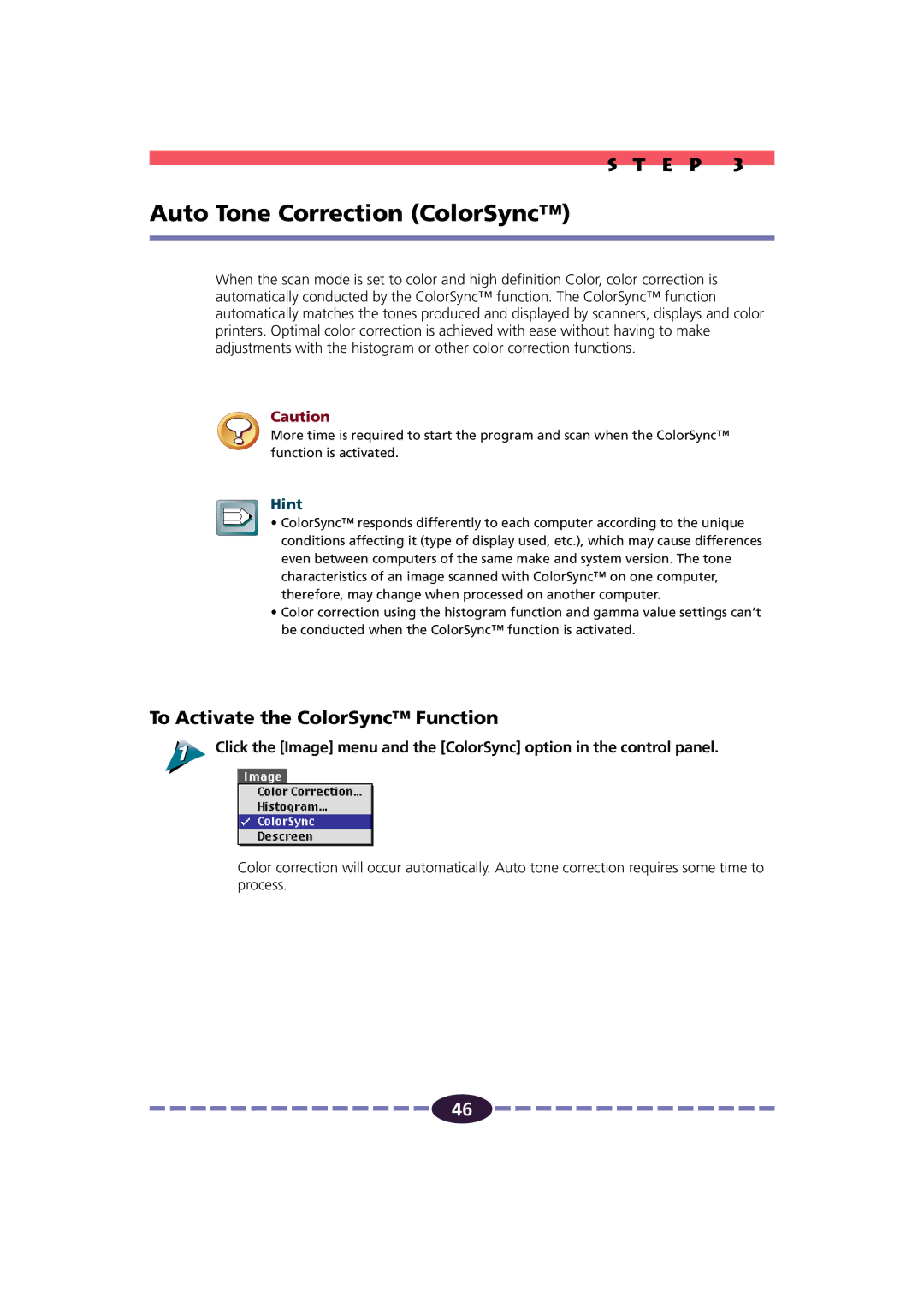 Canon FB630U/FB636U manual Auto Tone Correction ColorSync, To Activate the ColorSync Function 