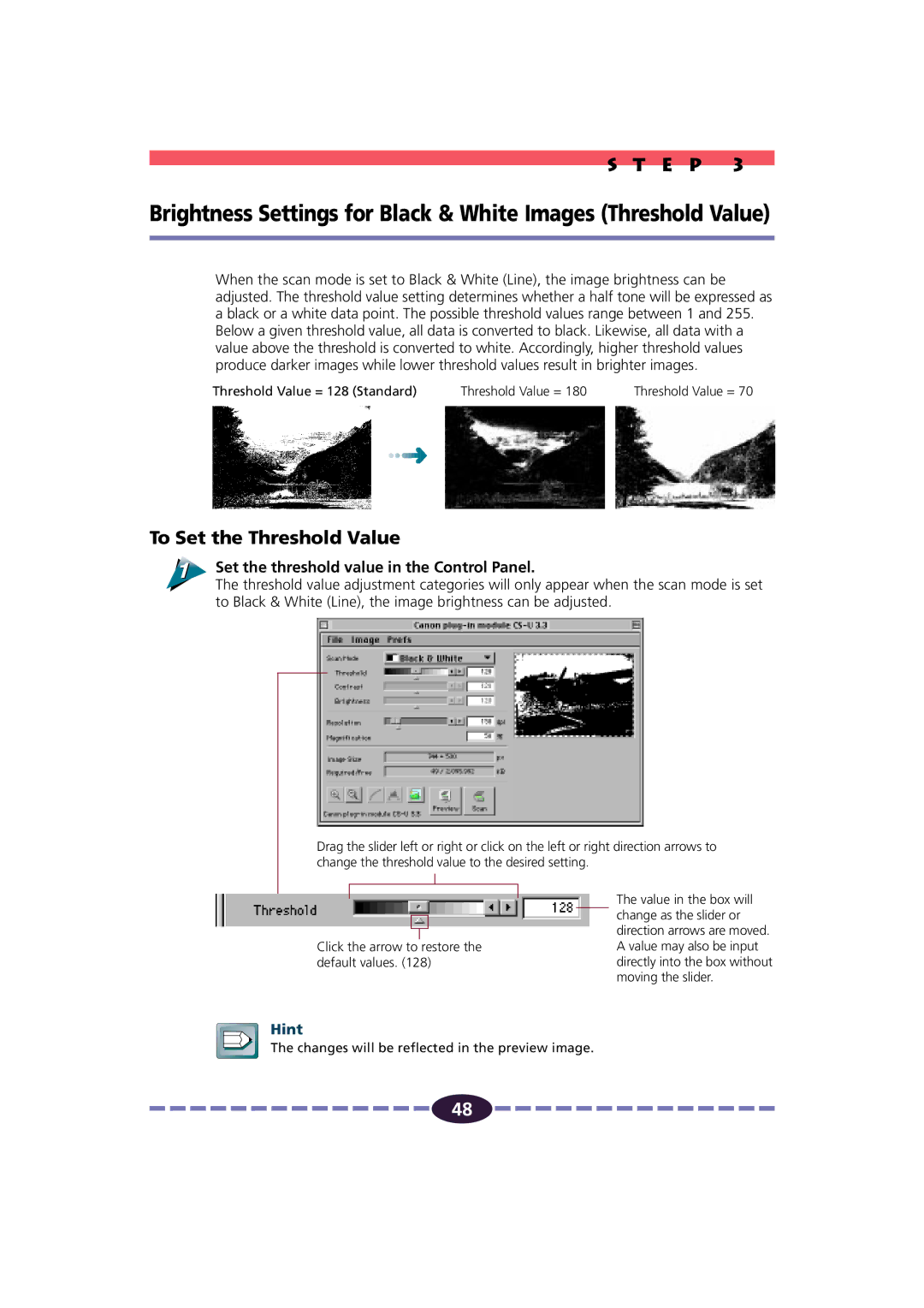 Canon FB630U/FB636U manual To Set the Threshold Value, Set the threshold value in the Control Panel 