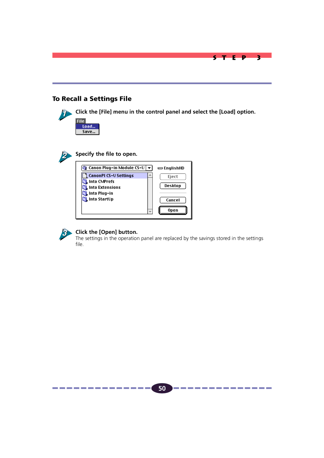 Canon FB630U/FB636U manual E P To Recall a Settings File 