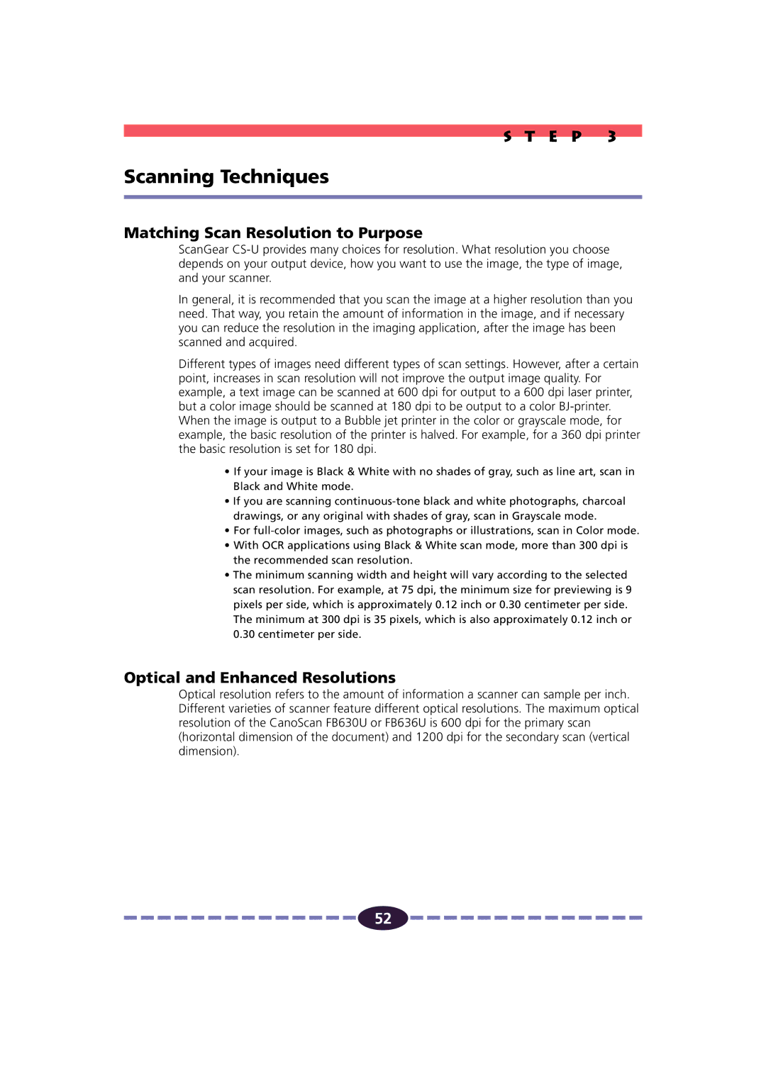 Canon FB630U/FB636U manual Scanning Techniques, Matching Scan Resolution to Purpose, Optical and Enhanced Resolutions 