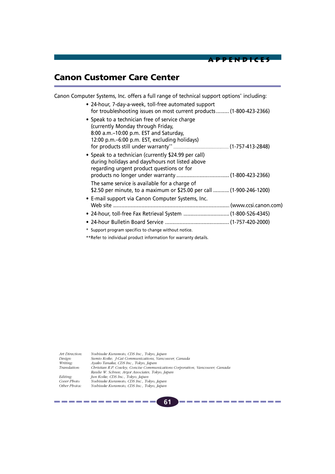 Canon FB630U/FB636U manual Canon Customer Care Center, Mail support via Canon Computer Systems, Inc 