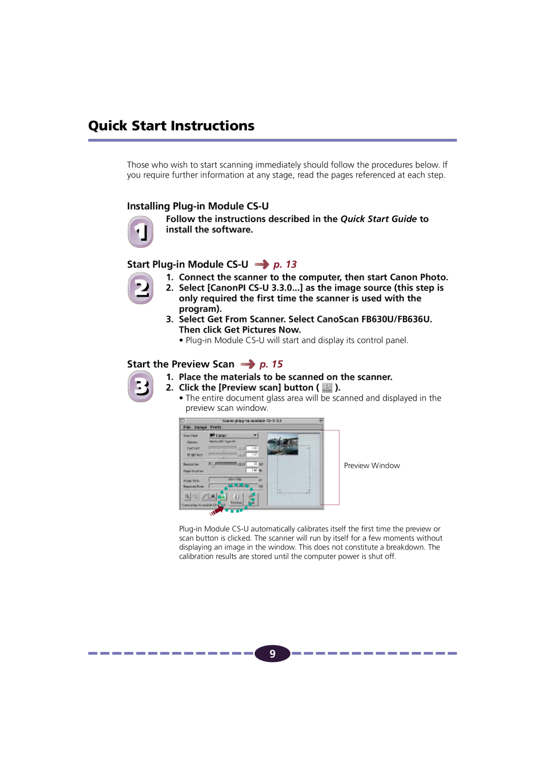 Canon FB630U/FB636U manual Quick Start Instructions, Installing Plug-in Module CS-U, Start Plug-in Module CS-U 