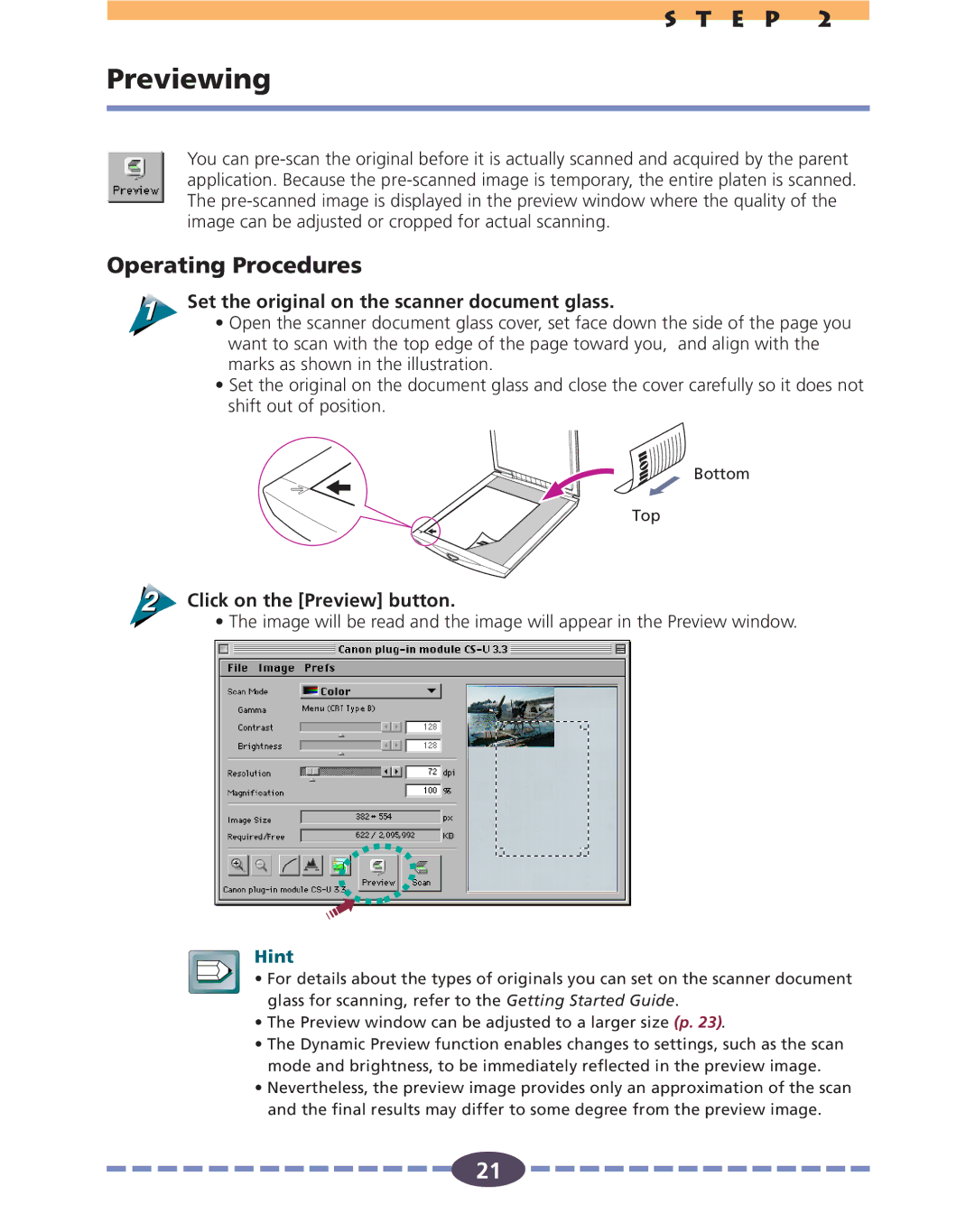 Canon FB630U, FB636U manual Previewing, Set the original on the scanner document glass, Click on the Preview button 