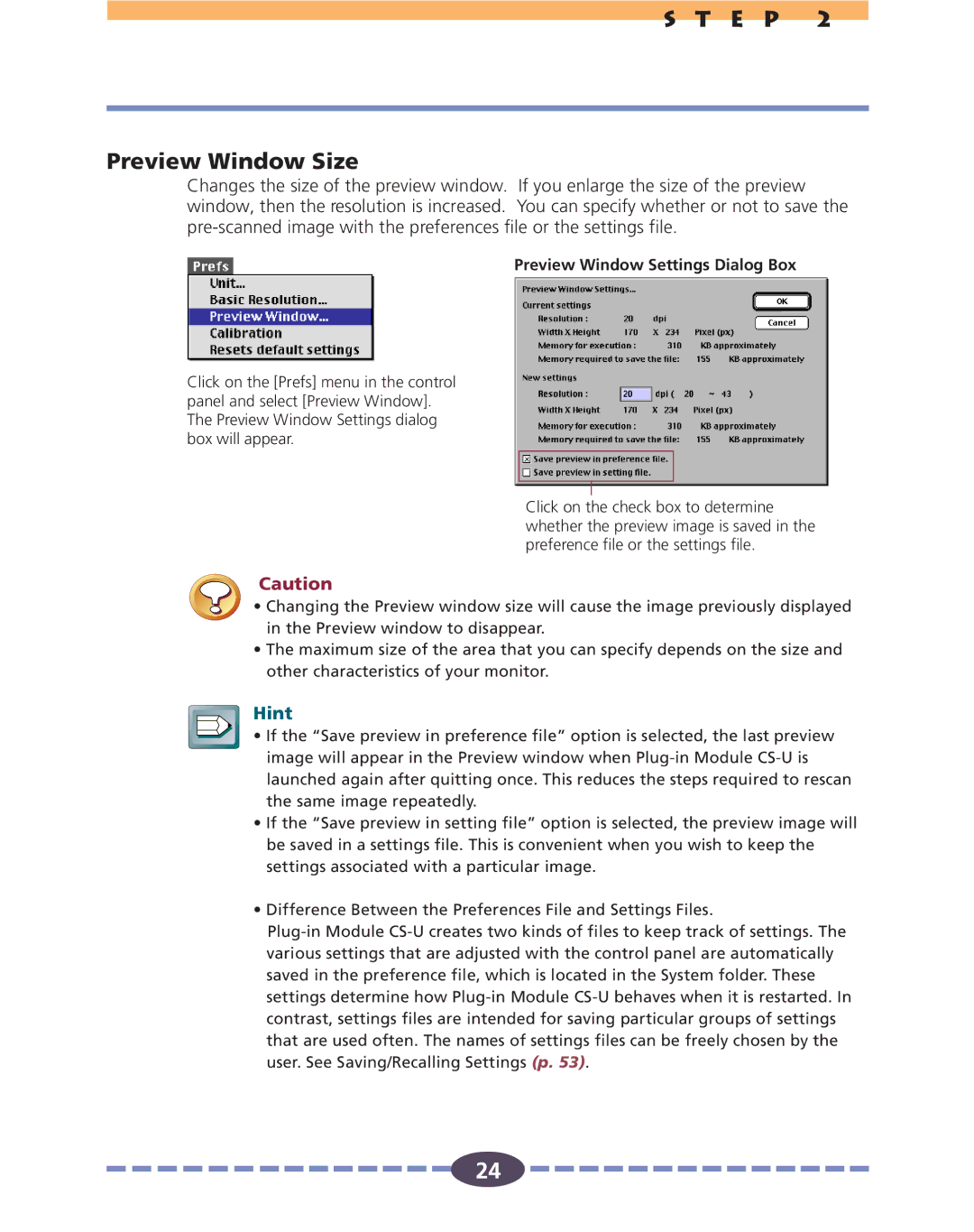 Canon FB636U, FB630U manual E P Preview Window Size, Preview Window Settings Dialog Box 