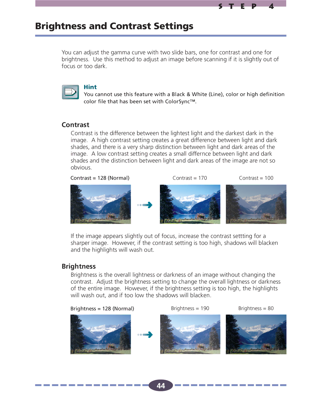 Canon FB636U, FB630U manual Brightness and Contrast Settings 