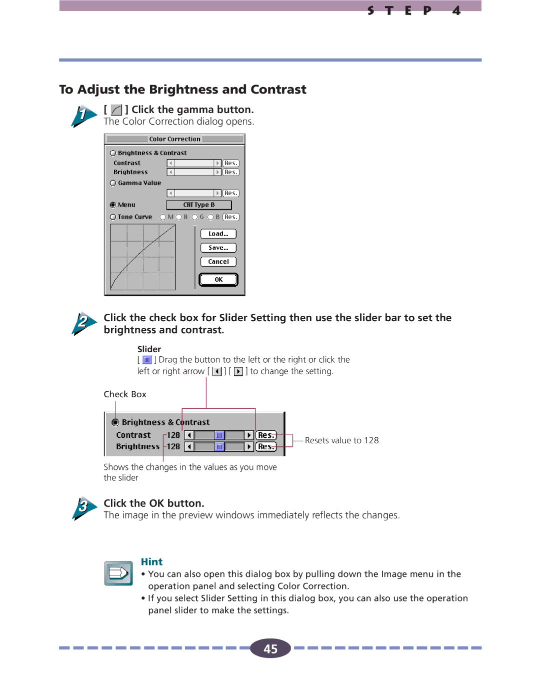 Canon FB630U, FB636U manual E P To Adjust the Brightness and Contrast, Click the gamma button, Click the OK button 