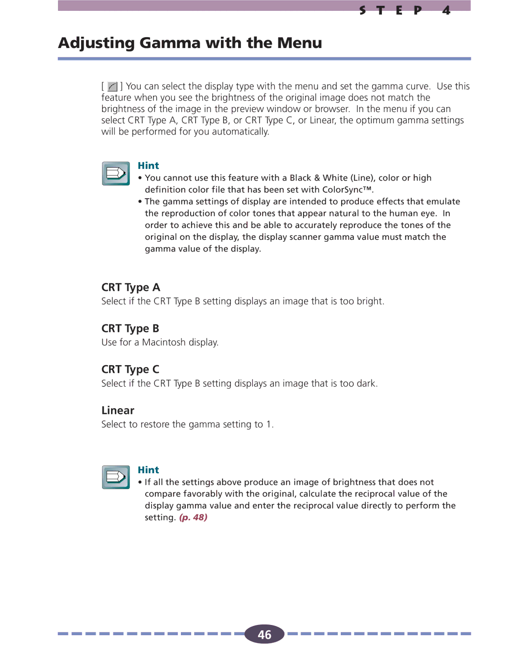 Canon FB636U, FB630U manual Adjusting Gamma with the Menu, CRT Type a, CRT Type B, CRT Type C, Linear 