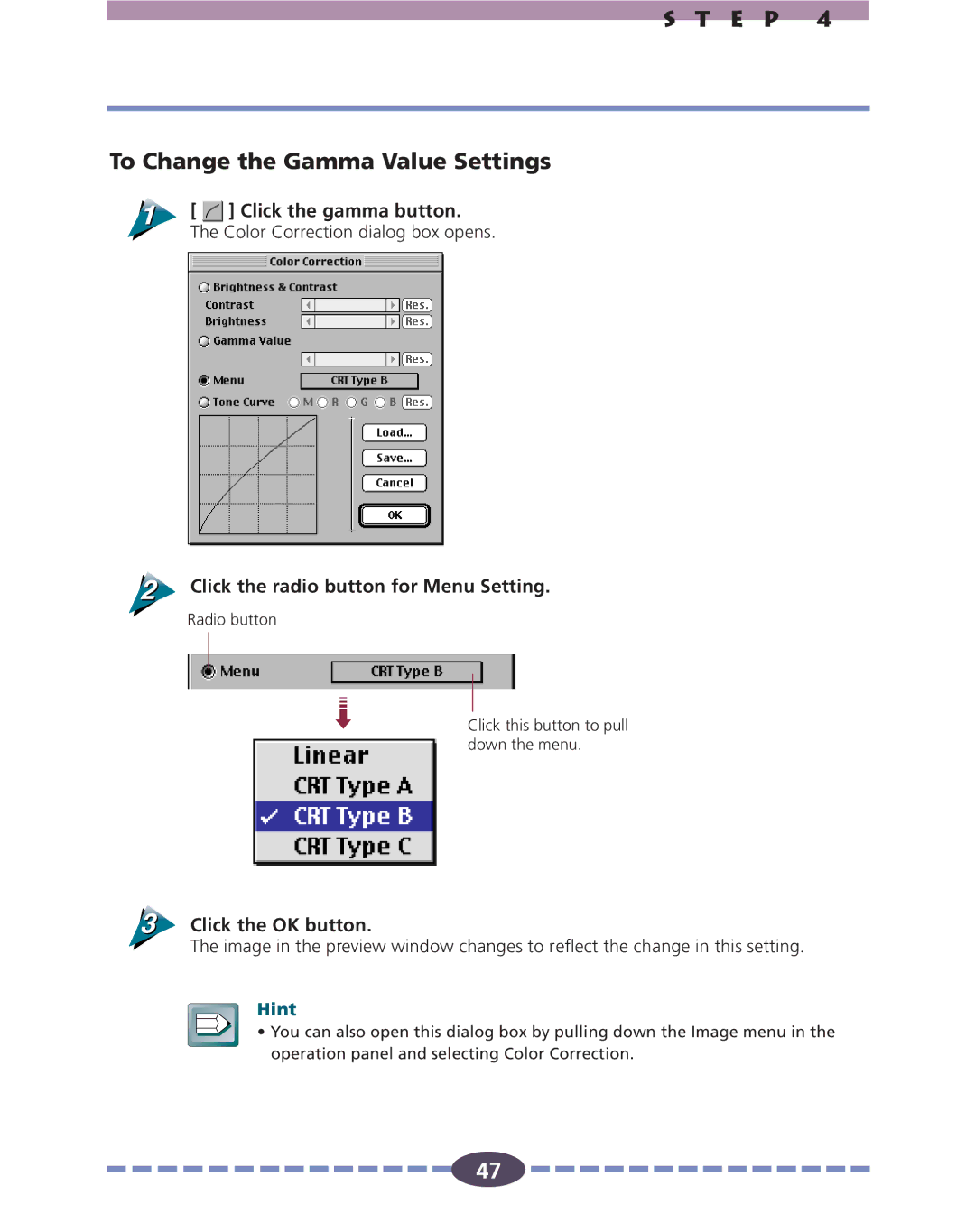 Canon FB630U, FB636U manual E P To Change the Gamma Value Settings, Click the radio button for Menu Setting 