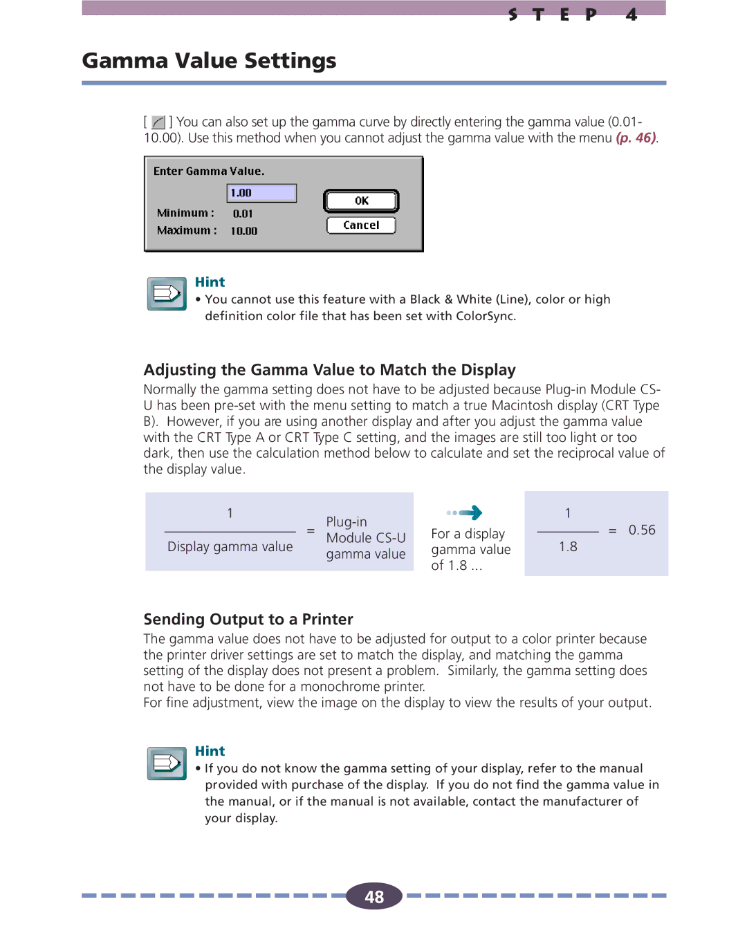 Canon FB636U, FB630U Gamma Value Settings, Adjusting the Gamma Value to Match the Display, Sending Output to a Printer 