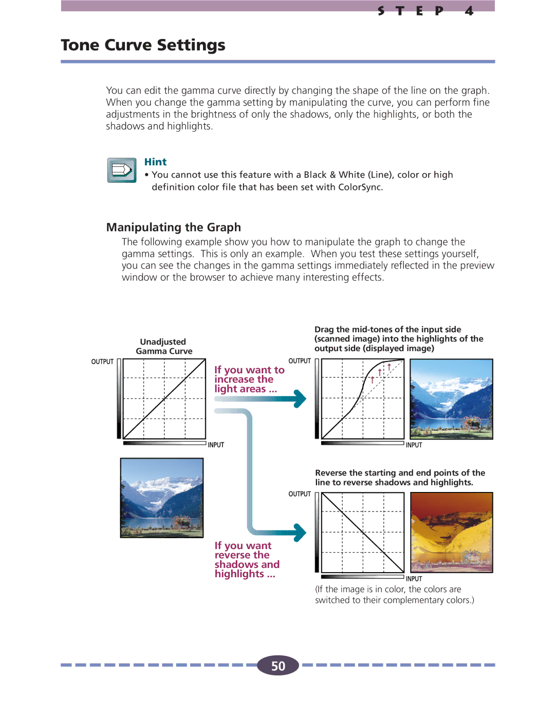 Canon FB636U, FB630U manual Tone Curve Settings, Manipulating the Graph 