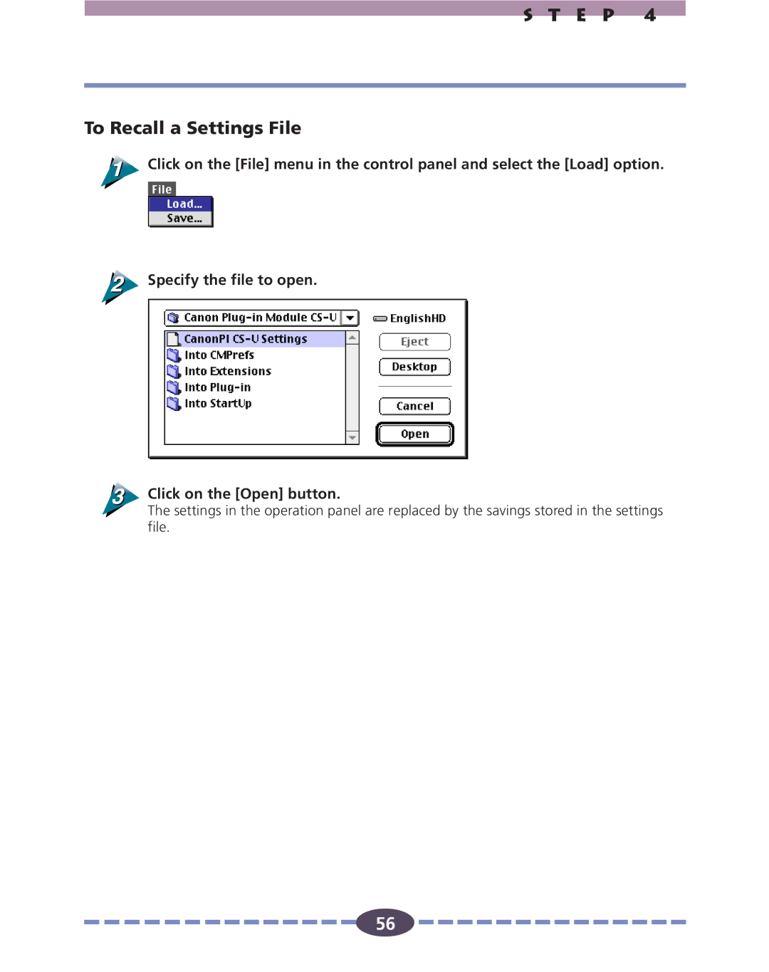 Canon FB636U, FB630U manual E P To Recall a Settings File 