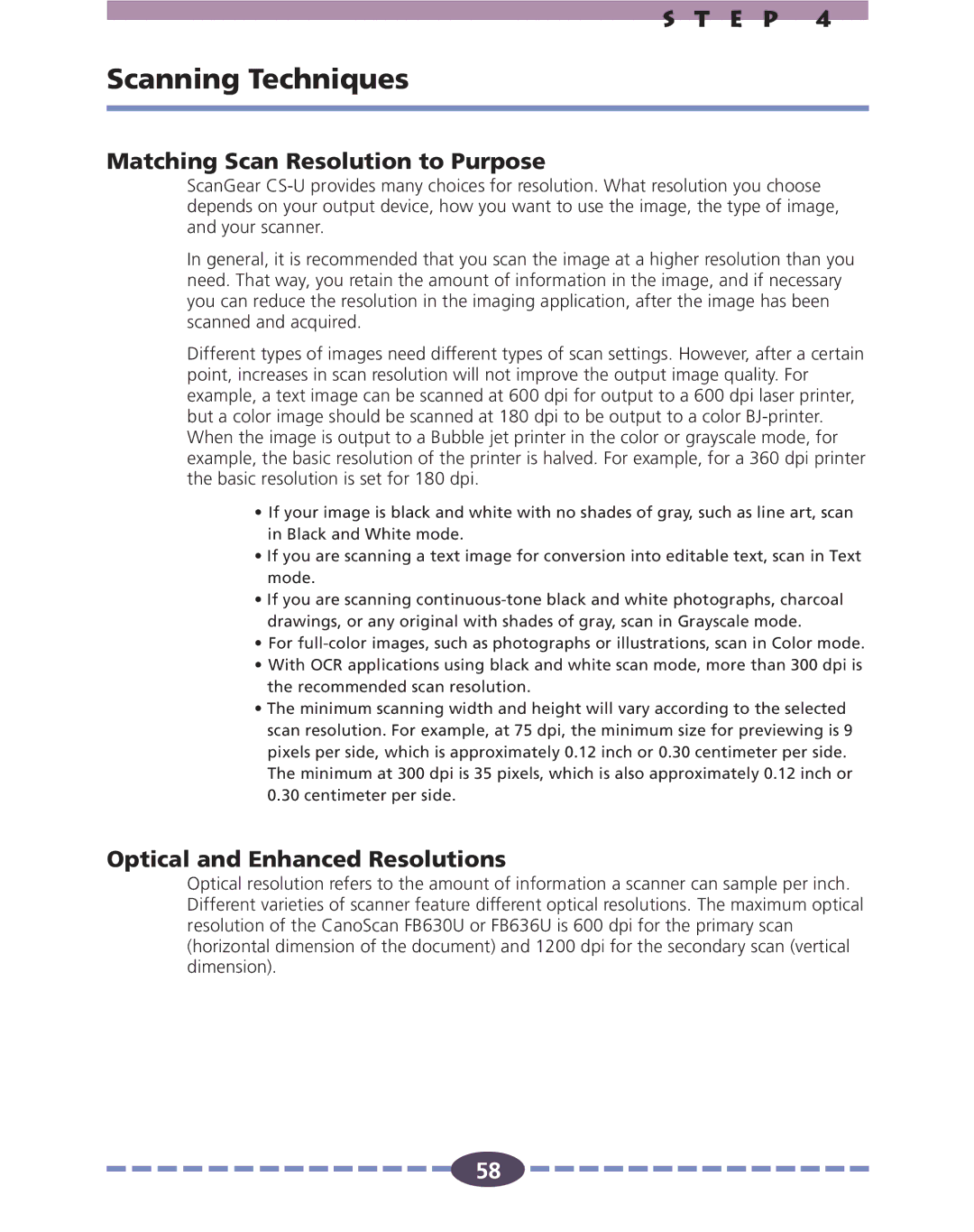 Canon FB636U, FB630U manual Scanning Techniques, Matching Scan Resolution to Purpose, Optical and Enhanced Resolutions 