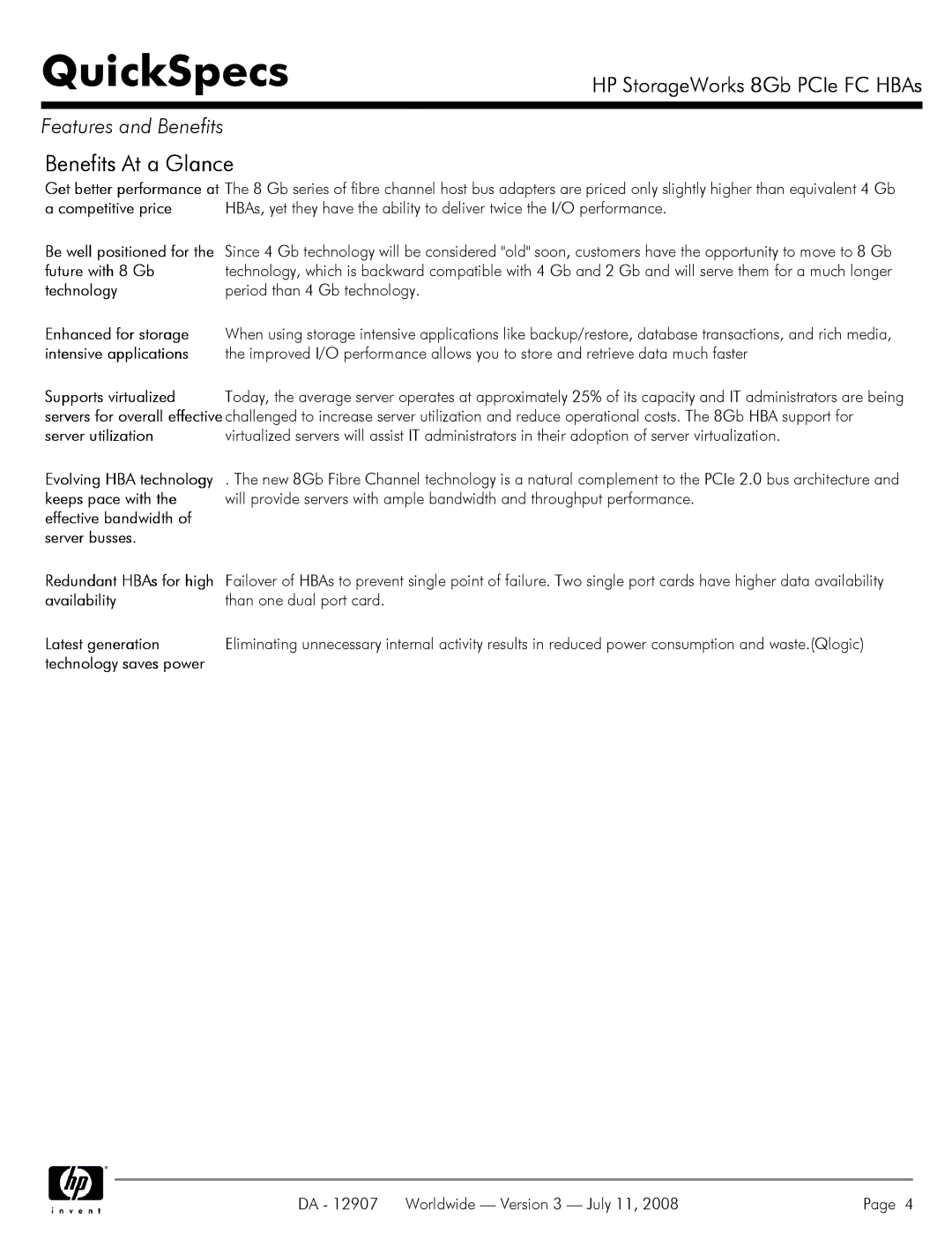 Canon FC HBAs manual Benefits At a Glance, Be well positioned for the future with 8 Gb technology, Supports virtualized 