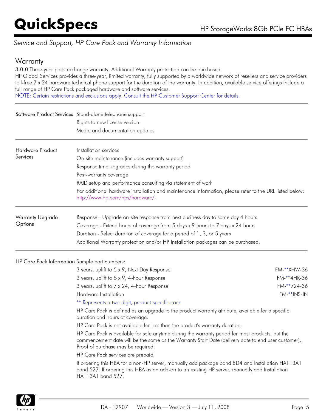 Canon FC HBAs manual Warranty Upgrade, Options, HP Care Pack Information Sample part numbers 