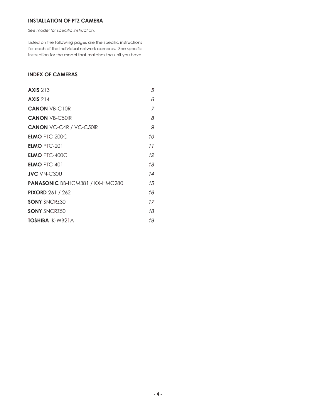 Canon FDW75C12N, FDP75C12N manual Installation of PTZ Camera, Index of Cameras, Toshiba IK-WB21A 