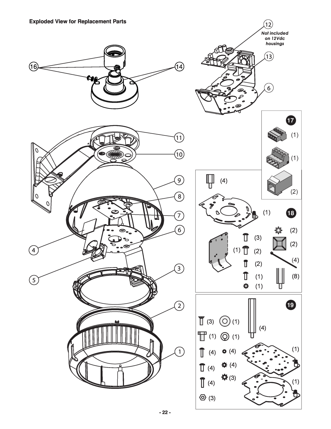 Canon FDW75C12N, FDP75C12N manual Exploded View for Replacement Parts, Not included, on 12Vdc, housings 