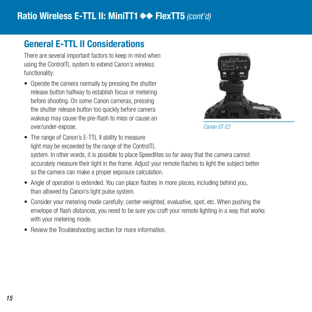 Canon owner manual Ratio Wireless E-TTL II MiniTT1 OOFlexTT5 cont’d, General E-TTL II Considerations 