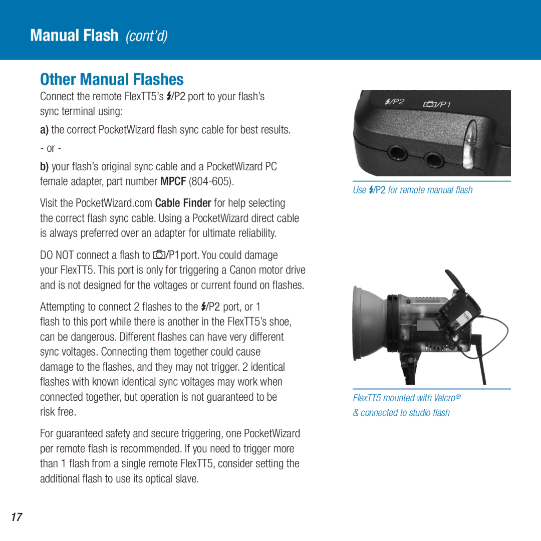 Canon MiniTT1, FlexTT5 owner manual Manual Flash cont’d, Do not connect a flash to port. You could damage 