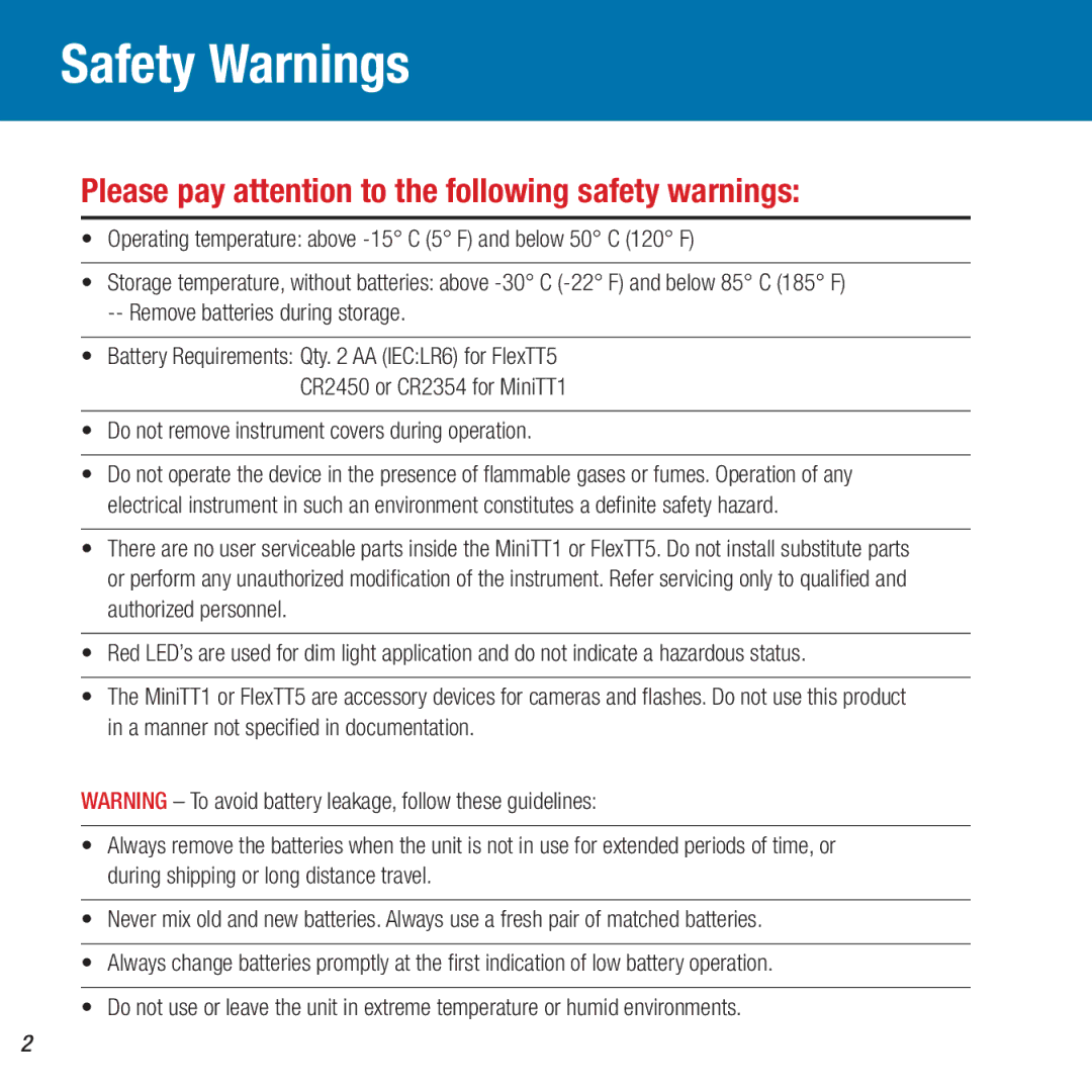 Canon FlexTT5, MiniTT1 owner manual Safety Warnings, Please pay attention to the following safety warnings 