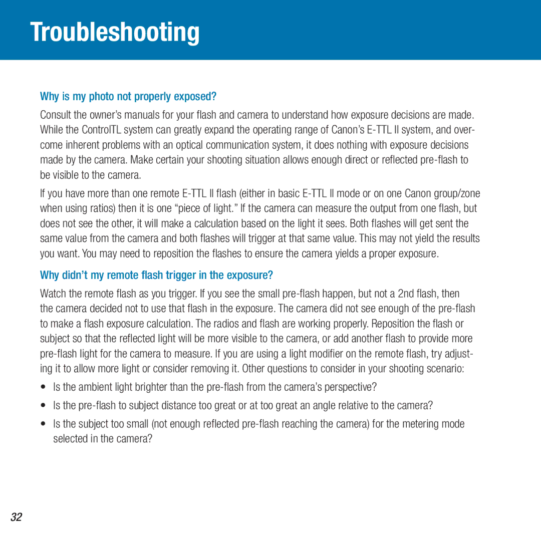 Canon FlexTT5, MiniTT1 owner manual Troubleshooting, Why is my photo not properly exposed? 