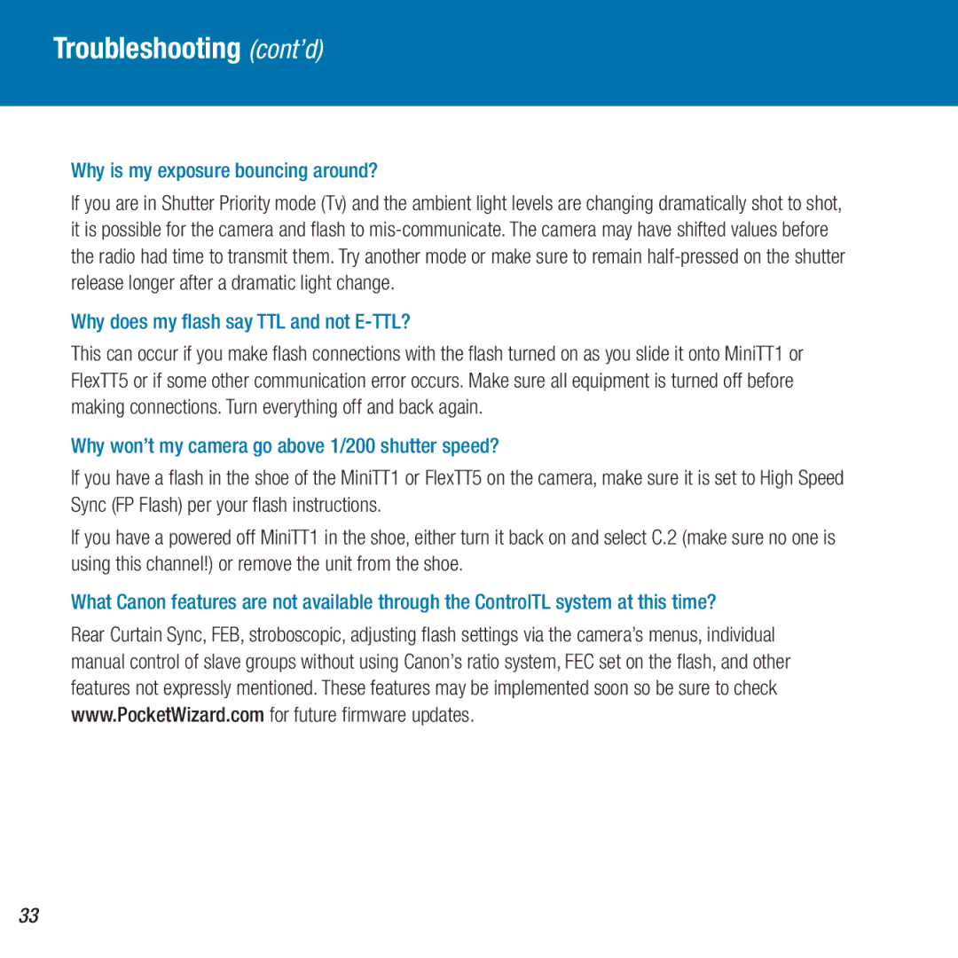 Canon MiniTT1, FlexTT5 owner manual Troubleshooting cont’d, Why is my exposure bouncing around? 