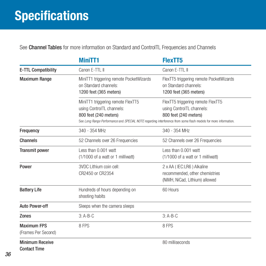 Canon owner manual Specifications, MiniTT1 FlexTT5 