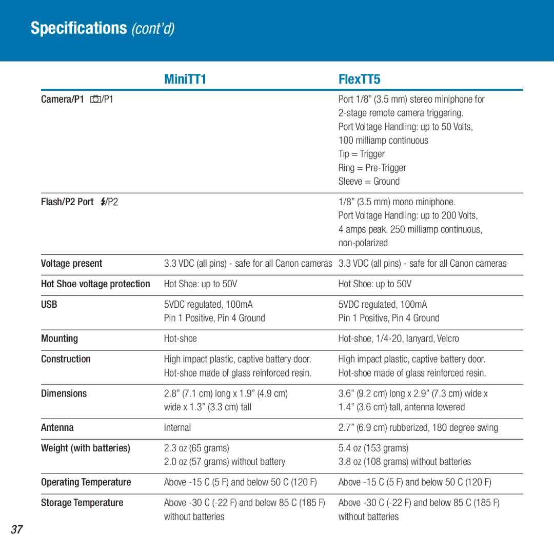 Canon MiniTT1, FlexTT5 owner manual Specifications cont’d, Usb 