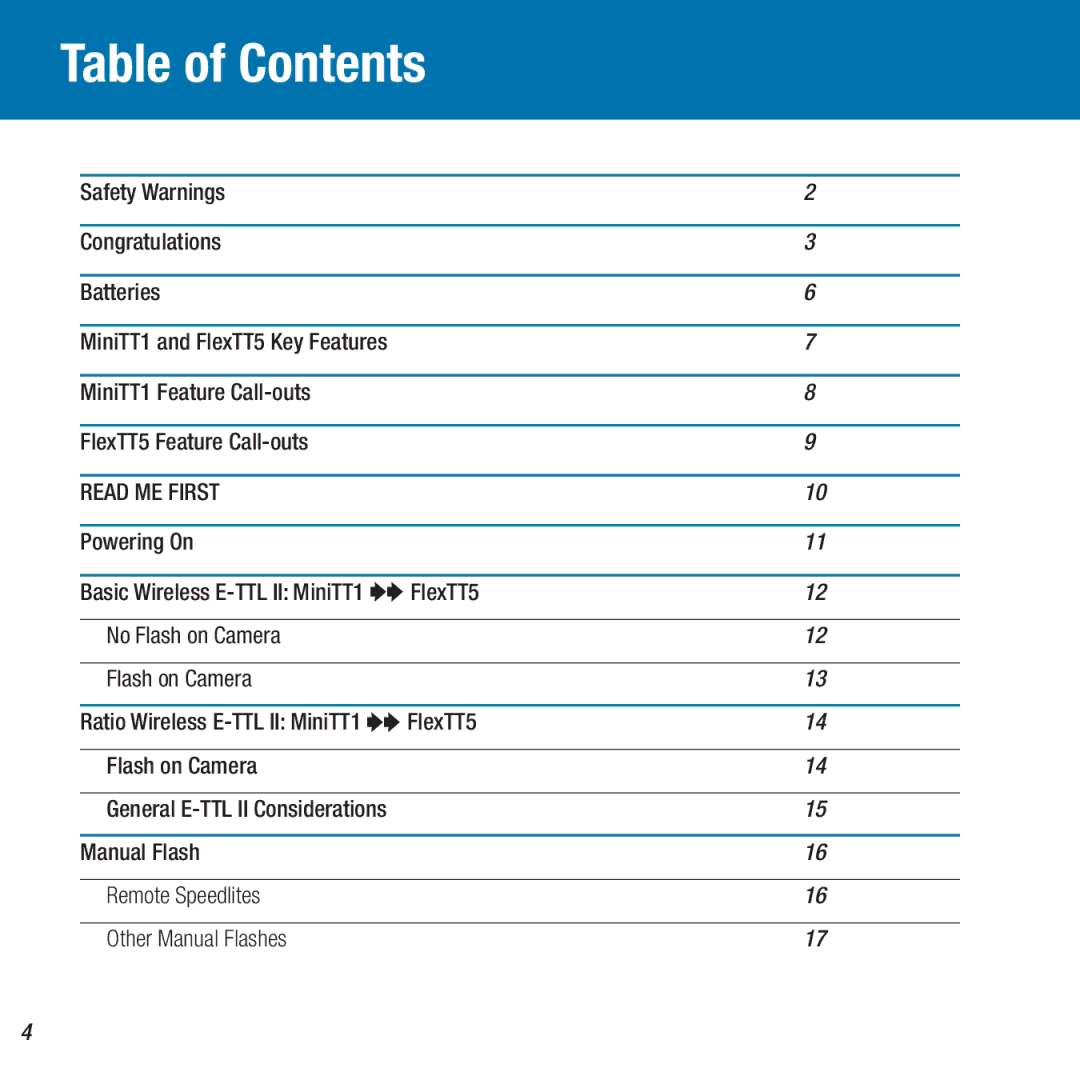 Canon FlexTT5, MiniTT1 owner manual Table of Contents 