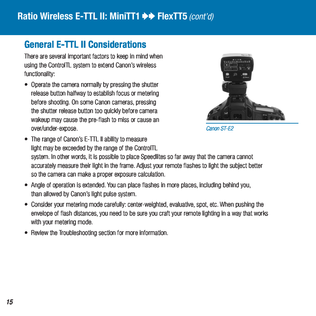 Canon owner manual Ratio Wireless E-TTL II MiniTT1 OOFlexTT5 cont’d, General E-TTL II Considerations, over/under-expose 