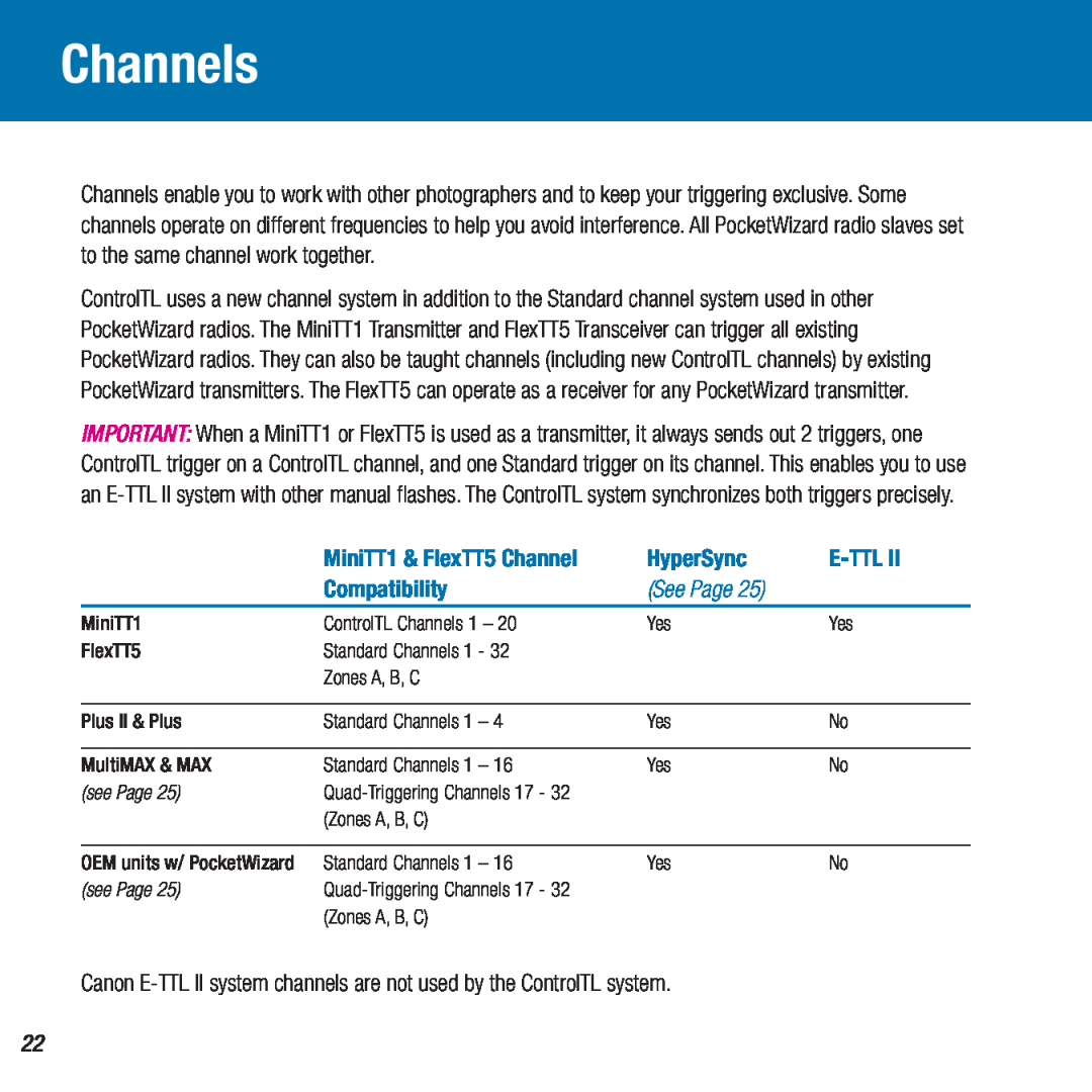 Canon FlexTT5 Channels, See Page, Canon E-TTL II system channels are not used by the ControlTL system, HyperSync, E-Ttl 