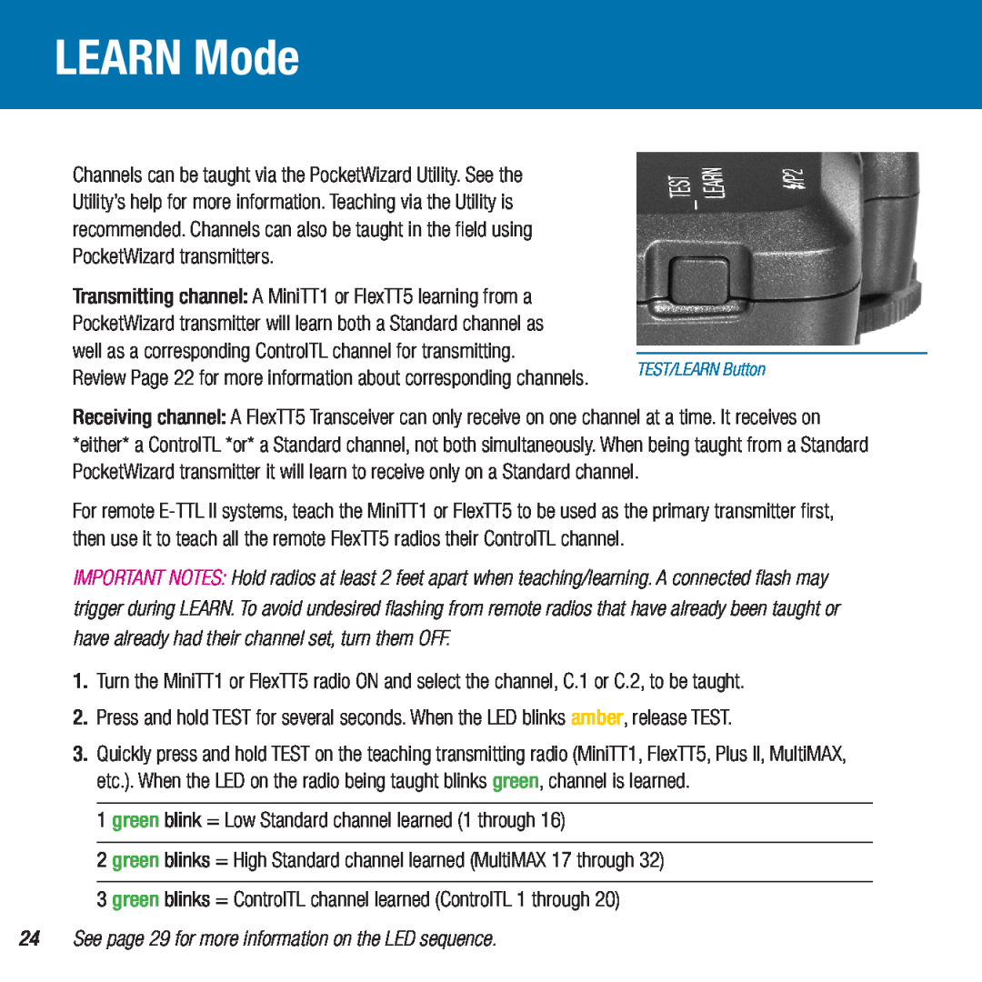 Canon FlexTT5, MiniTT1 owner manual LEARN Mode, green blink = Low Standard channel learned 1 through 