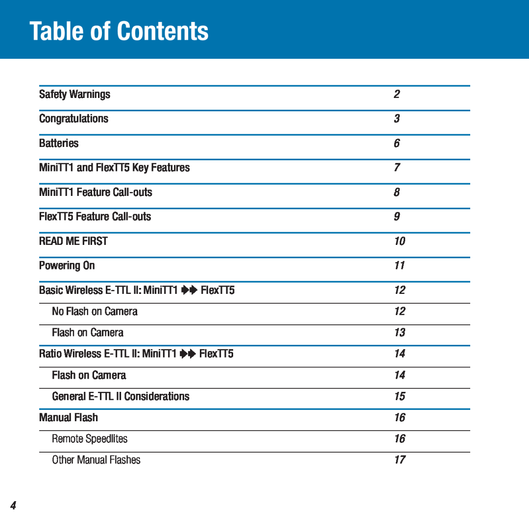 Canon FlexTT5, MiniTT1 owner manual Table of Contents 