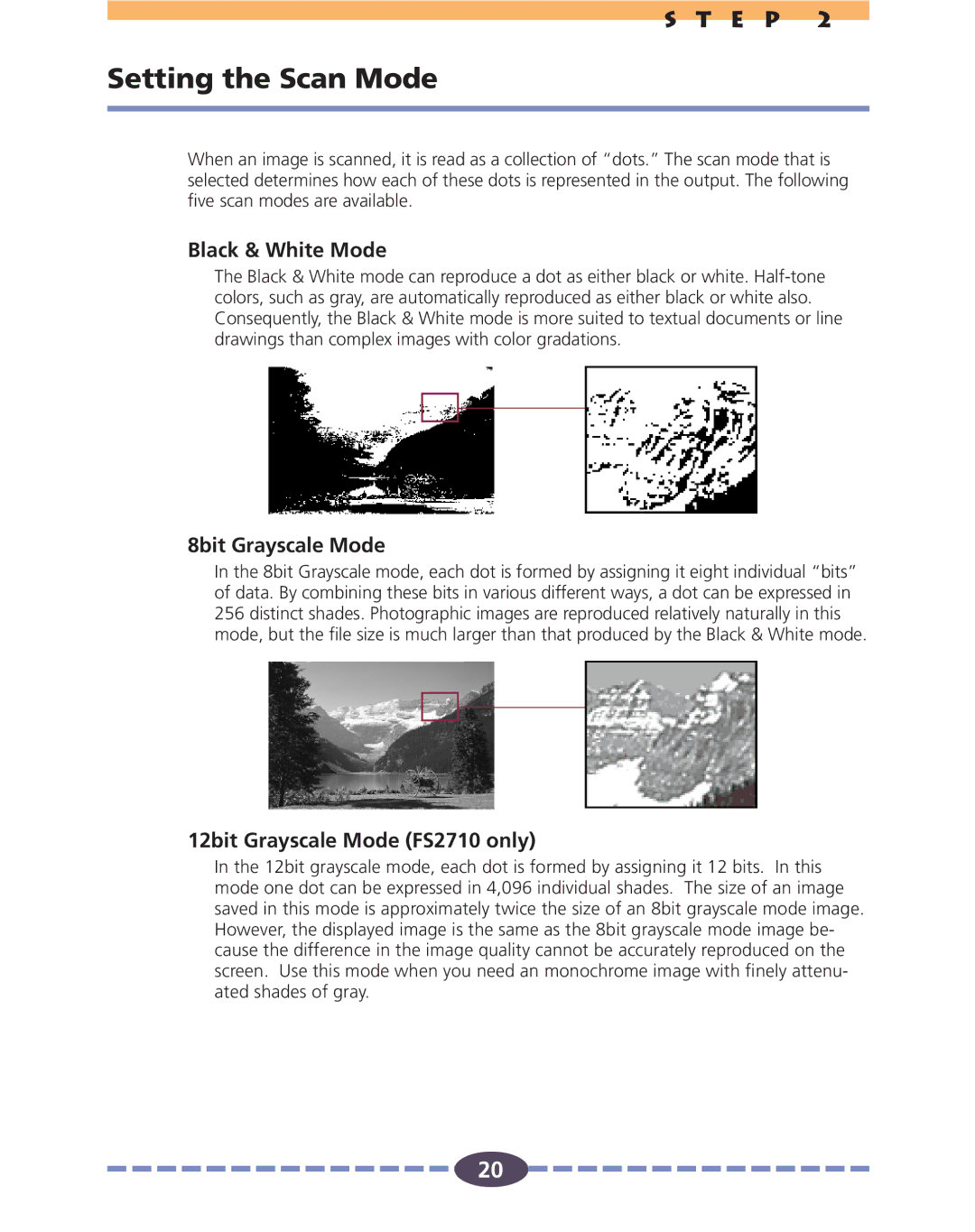 Canon FS 2710 manual Setting the Scan Mode, Black & White Mode, 8bit Grayscale Mode, 12bit Grayscale Mode FS2710 only 